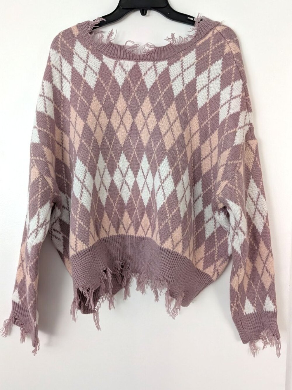 Just Polly Argyle Crop V-Neck Frayed Hem, Size XL - Picture 4 of 4